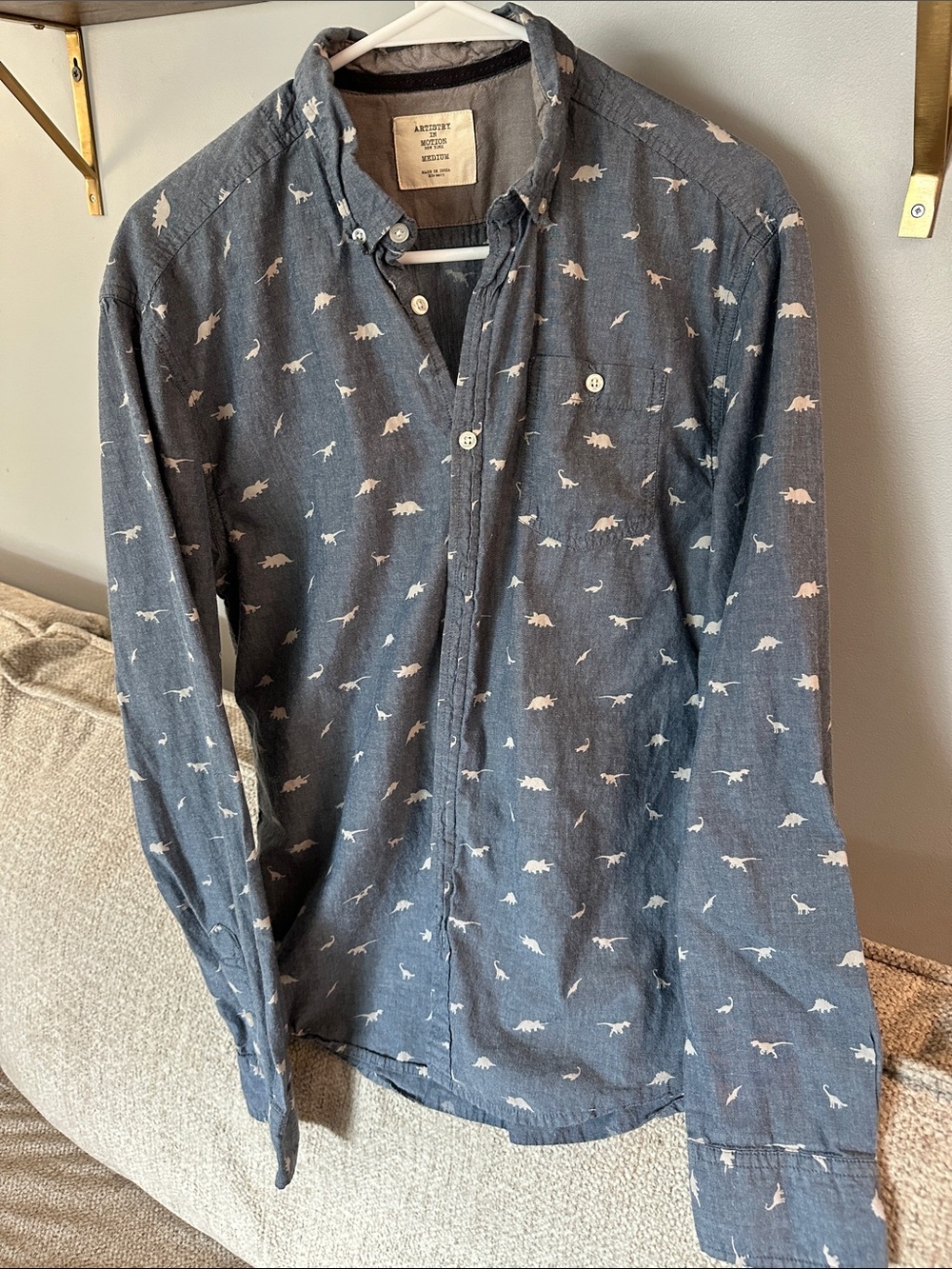 Artistry in Motion Navy Dino Print Button-Up Shirt 100% Cotton